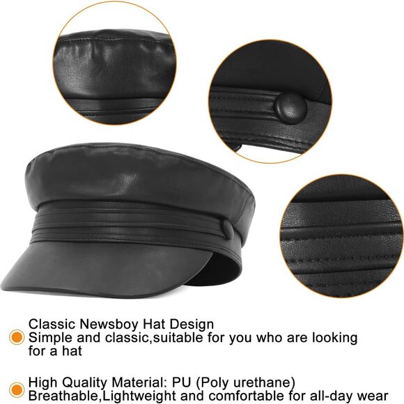 Women Fashion Newsboy Cap PU Leather Cabbie Sailor Fiddler Bakerboy Flat Gatsby - Picture 3 of 7